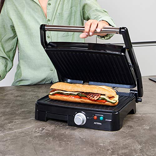 Taurus Asteria - Grill y plancha de asar, 2200W de potencia, placas de 28 x 22 cm, parrilla eléctrica con regulador de temperatura, apertura 180º, asa de toque frío, antiadherente libre de PFOA