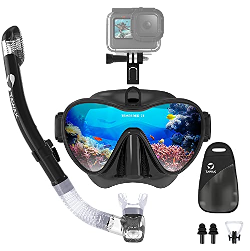 TAWAK Máscara de Buceo antivaho y antifugas para Adultos y jóvenes Juego de Snorkel en Tubo seco panorámico de 180 Grados con Soporte para cámara para Hombres, Mujeres y niños