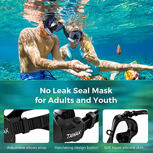 TAWAK Máscara de Buceo antivaho y antifugas para Adultos y jóvenes Juego de Snorkel en Tubo seco panorámico de 180 Grados con Soporte para cámara para Hombres, Mujeres y niños