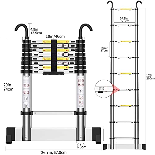 Teenza Escalera TelescóPica 2,6m, Escaleras áTico Plegables De Aluminio, Gancho Estabilizador, Carga MáXima 150kg, CertificacióN De Seguridad EN131