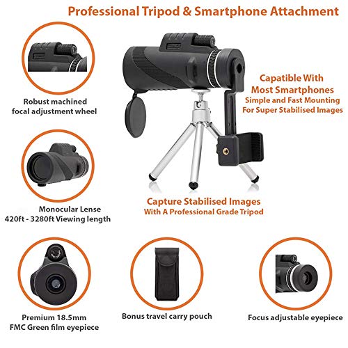 Telescopios monoculares, 40 x 60 monocular Compacto, Impermeable, Baja visión Nocturna para Adultos, niños, Caza, Camping, conciertos de Viaje (Negro)