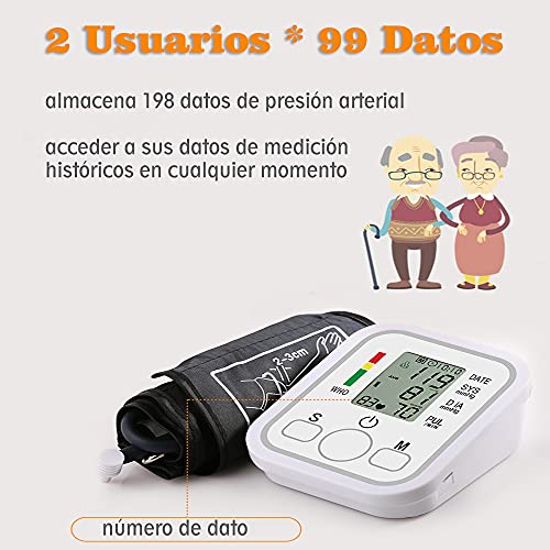 Tensiómetro de Brazo, Medidor Tension Arterial Tensiómetro Digital Monitor de Presión Arterial Digital con Pantalla LCD/Memorias de 2*99 Datos/Medición Precisa Regalo para Padres Abuelos