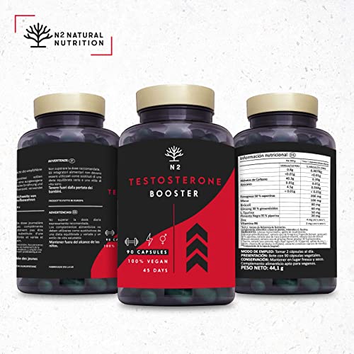 Testosterona Natural Aumenta Testosterona-Fenogreco Ginseng Maca Taurina Zinc Rendimiento Muscular Vigorizante y Potenciador del Deseo. 90 Cápsulas Vegetales Certificado VEGANO-CE-N2 Natural Nutrition