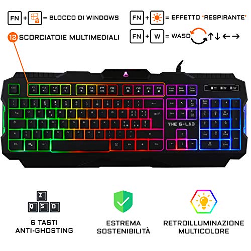 THE G-LAB Combo Argon y Paquete de Juego 4 en 1 – Teclado Gamer Italiano retroiluminado, ratón Gamer 3200 dpi, Auriculares de Juegos, Alfombrilla Antideslizante – PC Mac PS4 Xbox