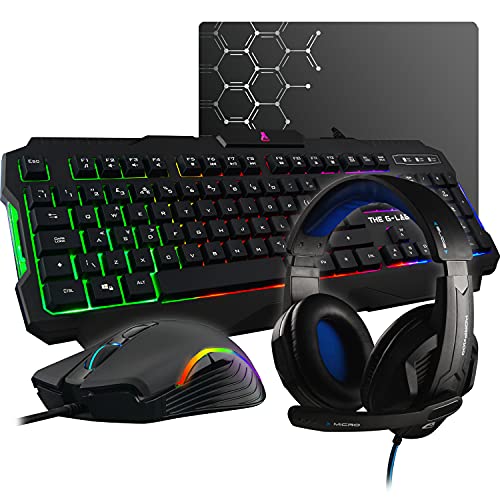 THE G-LAB Combo Argon y Paquete de Juego 4 en 1 – Teclado Gamer Italiano retroiluminado, ratón Gamer 3200 dpi, Auriculares de Juegos, Alfombrilla Antideslizante – PC Mac PS4 Xbox