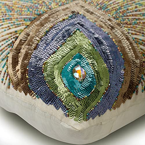 The HomeCentric Marfil Cojines Decorativos, Pluma De Pavo Real Lentejuelas Y Cuentas 40x40 cm Fundas De Almohadas Decorativas, Sedala Seda Almohadas Fundas para El Sofa - Peacock Beauty