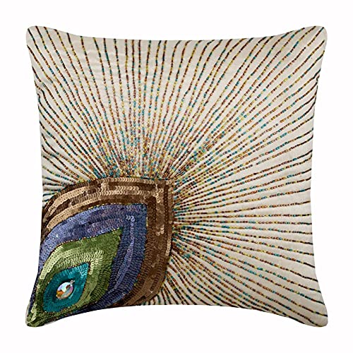 The HomeCentric Marfil Cojines Decorativos, Pluma De Pavo Real Lentejuelas Y Cuentas 40x40 cm Fundas De Almohadas Decorativas, Sedala Seda Almohadas Fundas para El Sofa - Peacock Beauty