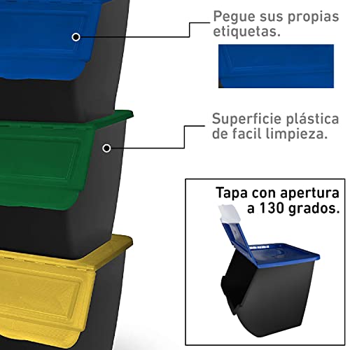 TIENDA EURASIA® Cubo de Basura para Reciclaje - Pack 3 Cubos de Basura de Cocina para Reciclar Apliables - 36L - (Papel - Vidrio - Plástico) (Negro)