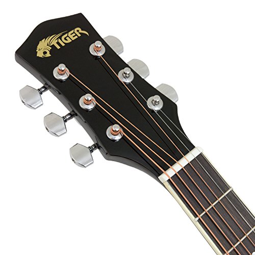 TIGER ACG4-BK Guitarra electroacústica para estudiantes de tamaño completo con ecualizador incorporado, funda, correa, cuerdas de repuesto y púas - Negro