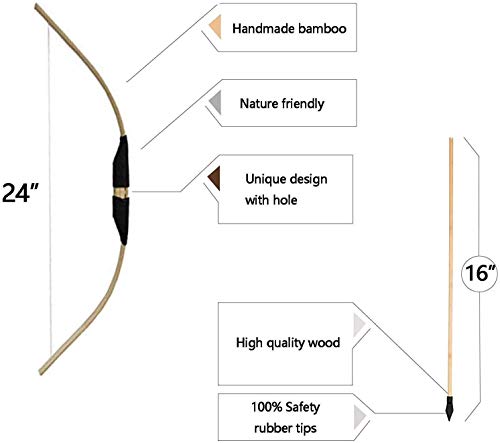 tiro con arco hecho a mano de bambú para niños y principiantes. flecha madera hecho a mano, 10 unidades de flecha de seguridad, guantes de dedo, hojas de diana para jugar en interiores y exteriores