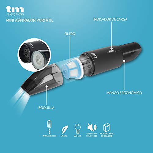 TM Electron TMPASM001 Mini Aspiradora de Mano inalámbrica con Poder de succión de 4.5 kPa, 80W, iluminación LED, silencioso, batería Recargable 2000mAh, 80 W, 75 Decibeles, Negro