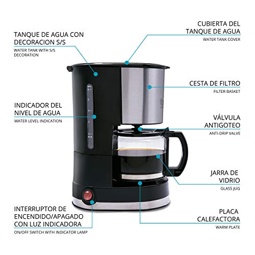 TM Electron TMPCF007 Cafetera Eléctrica 6 Tazas, 600W, Jarra de 0,6L, Filtro Extraíble, 600 W, 6 Cups, Plástico, Acero Inoxidable