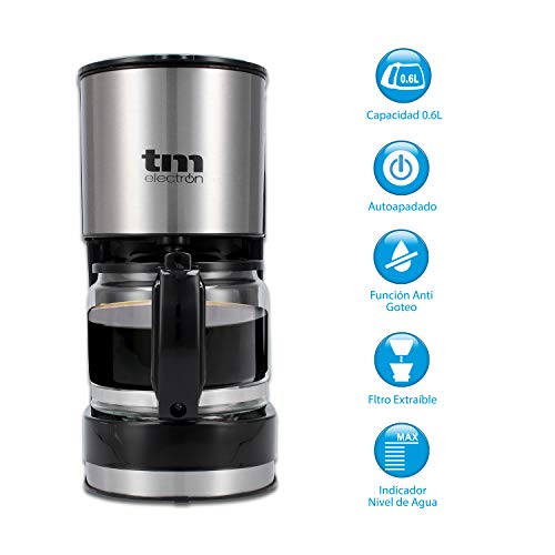 TM Electron TMPCF007 Cafetera Eléctrica 6 Tazas, 600W, Jarra de 0,6L, Filtro Extraíble, 600 W, 6 Cups, Plástico, Acero Inoxidable