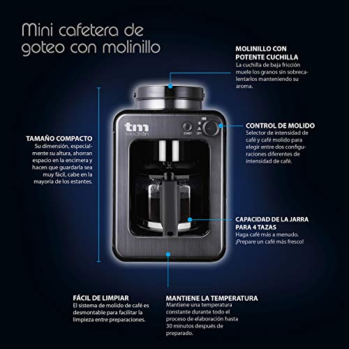 TM Electron TMPCF020G Mini cafetera de Goteo con Molinillo Grano, 4 Tazas, 600W y Filtro Lavable Compatible con café molido, 6 Cups, Acero Inoxidable, Grafito