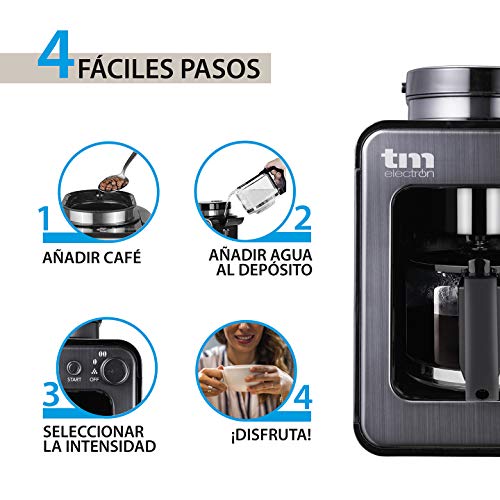 TM Electron TMPCF020G Mini cafetera de Goteo con Molinillo Grano, 4 Tazas, 600W y Filtro Lavable Compatible con café molido, 6 Cups, Acero Inoxidable, Grafito