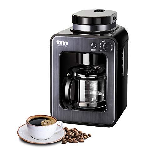 TM Electron TMPCF020G Mini cafetera de Goteo con Molinillo Grano, 4 Tazas, 600W y Filtro Lavable Compatible con café molido, 6 Cups, Acero Inoxidable, Grafito