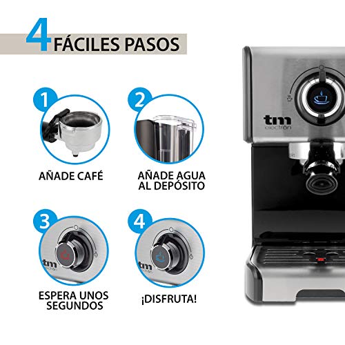 TM Electron TMPCF101 Cafetera espresso manual con presión de 15 bar, 1200 W, tanque de 1,2 L, espumador de leche, 3 funciones, de acero inoxidable, 1 tazas