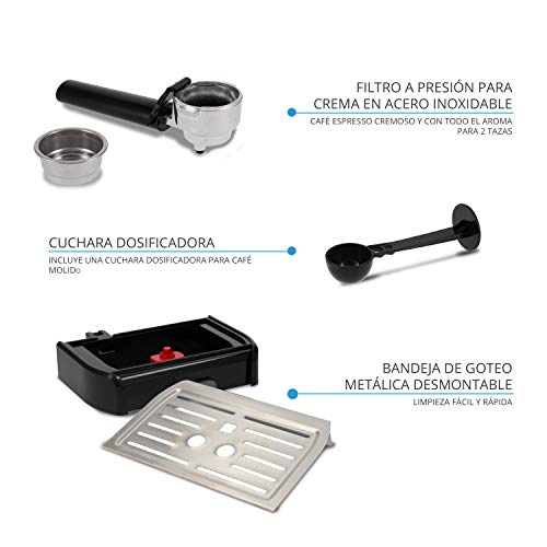 TM Electron TMPCF101 Cafetera espresso manual con presión de 15 bar, 1200 W, tanque de 1,2 L, espumador de leche, 3 funciones, de acero inoxidable, 1 tazas