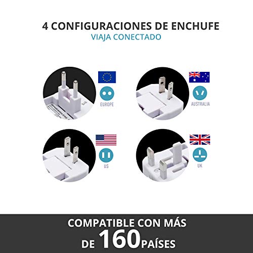 TM Electron TMUAD019 Adaptador de Corriente Universal de Viaje, 4 configuraciones de enchufes, Compatible con más de 160 países, 2 Conexiones USB y protección sobretensión