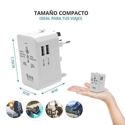 TM Electron TMUAD019 Adaptador de Corriente Universal de Viaje, 4 configuraciones de enchufes, Compatible con más de 160 países, 2 Conexiones USB y protección sobretensión