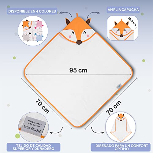 Toalla Bebe con Capucha Niño y Niña - Capucha Cabecita de Zorro-Toalla de baño 100% Algodón Ecológico, Certificado Oeko Tex, Sin Productos Químicos - Albornoz Bebe 70x70cm, 0 -12 Meses - Naranja