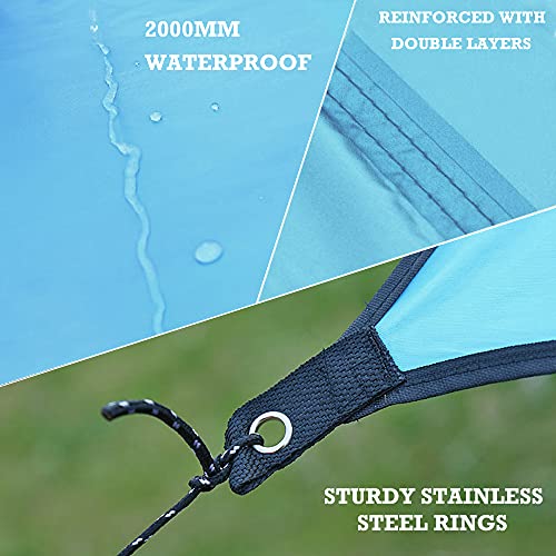 Toldo Camping Impermeable, 3x4.45M Ripstop Rain Tarp Beach Tent de Tela Oxford Impermeable de 2000 mm Hamaca Tienda de Campaña con Accesorios Protector Aolar Anti-Viento para Acampar Senderismo,Azul