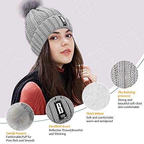 TOLOYE Gorro y Bufanda de Invierno, Mujer Gorro de Beanie Pompón Bufanda de Punto con Forro Polar Suave y Cálido para Esquí Diario Deportes al Aire Libre Regalo de Invierno