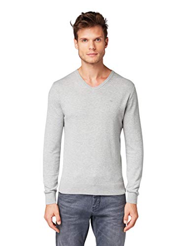 Tom Tailor V-Neck suéter, Gris (Light Soft Grey Mela 14427), Small para Hombre