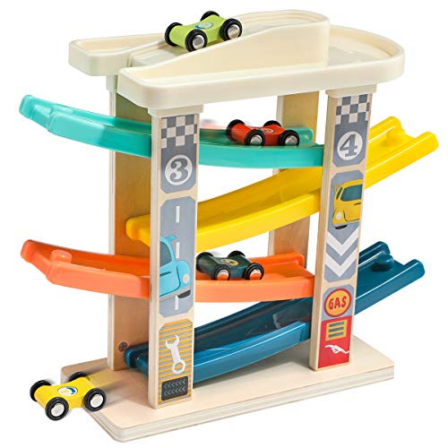 Top Bright Circuito de Carreras con Coches de Juguete para Bebés y Niños pequeños de 1 y 2 años - Pista de Rampas con 4 Mini Coches - Madera de Primera Calidad sin BPA - Seguro, Bonito y Divertido