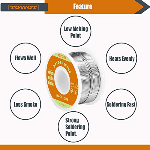 TOWOT Alambre de soldadura sin plomo, Alambre de Soldadura Sin Plomo con Núcleo de Colofonia(Sn99.3 % Cu0.7%/0.6mm,100g)