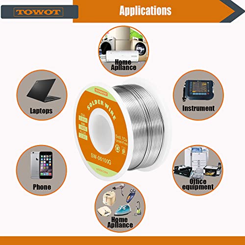 TOWOT Alambre de soldadura sin plomo, Alambre de Soldadura Sin Plomo con Núcleo de Colofonia(Sn99.3 % Cu0.7%/0.6mm,100g)