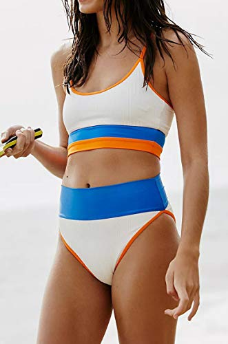 Traje De Baño para Mujer Color Block Push Up Bañador de Cintura Alta a Rayas con Control de Abdomen Conjuntos de Bikini de Dos Piezas