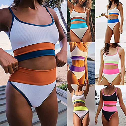 Traje De Baño para Mujer Color Block Push Up Bañador de Cintura Alta a Rayas con Control de Abdomen Conjuntos de Bikini de Dos Piezas