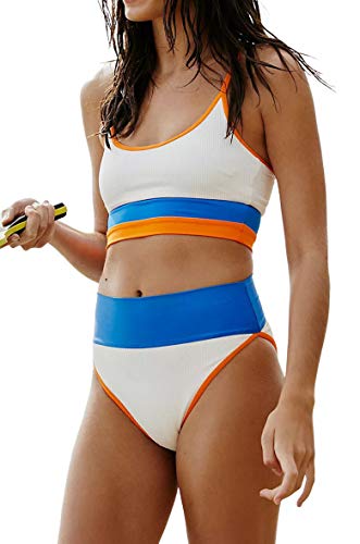 Traje De Baño para Mujer Color Block Push Up Bañador de Cintura Alta a Rayas con Control de Abdomen Conjuntos de Bikini de Dos Piezas