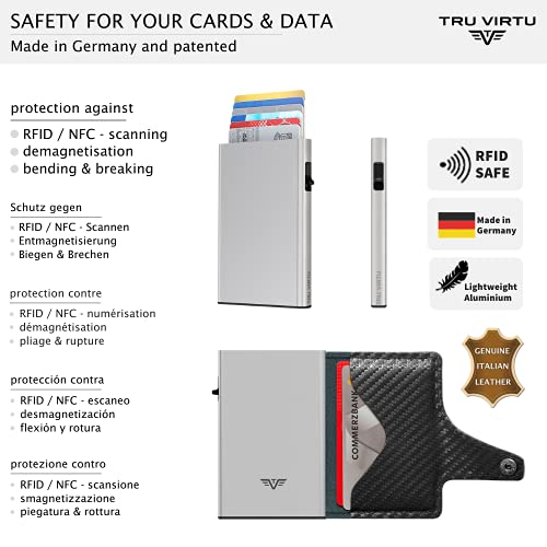 TRU VIRTU® Tarjetero Click & Slide Negro carbón/Plata I Estuche para Tarjetas de crédito I con protección RFID-NFC I Billetera de Genuino Cuero Italiano I Billetera I Slim Wallet