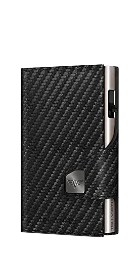 TRU VIRTU® Tarjetero Click & Slide Negro carbón/Plata I Estuche para Tarjetas de crédito I con protección RFID-NFC I Billetera de Genuino Cuero Italiano I Billetera I Slim Wallet