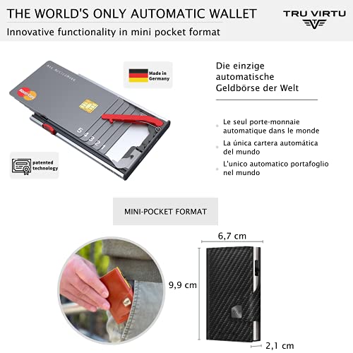 TRU VIRTU® Tarjetero Click & Slide Negro carbón/Plata I Estuche para Tarjetas de crédito I con protección RFID-NFC I Billetera de Genuino Cuero Italiano I Billetera I Slim Wallet