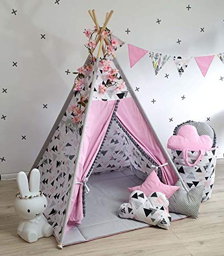 TS Tipi Teepee - Juego de 4 accesorios para tienda de campaña infantil, tienda india, cojín y manta, 6 colores (rosa gris)