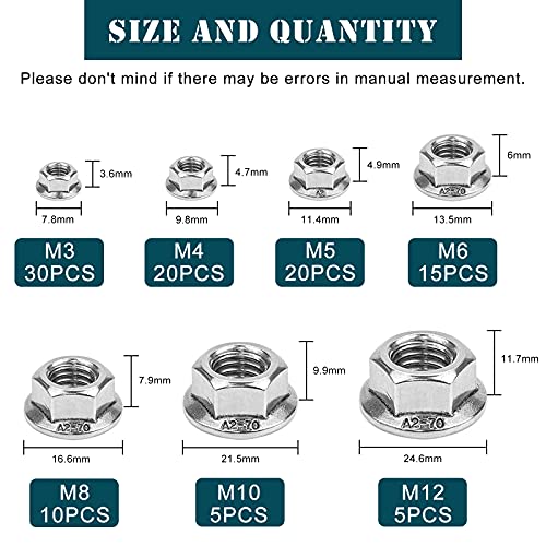 Tuercas Hexagonales M3 M4 M5 M6 M8 M10 M12 Hexagonal Tuerca de Brida de Acero Inoxidable Surtido Kit 105 Piezas