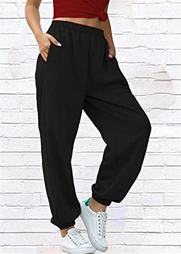 Tuopuda Pantalones de Deporte Mujer con Bolsillos Pantalones Chándal Mujer de Algodón Largos Jogging Pantalóns Elastica Cintura Alta Deportivos para Yoga Fitness Jogger Correr Casual(Negro,XL)