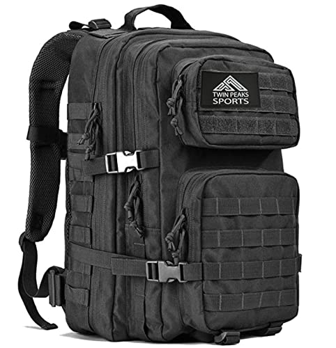 TWIN PEAKS SPORTS Mochila Táctica Militar, 45L Gran Capacidad Mochila Crossfit, Plegable Impermeable Mochila Supervivencia, Montañismo, Senderismo, Trekking, Acampada, Aventura o Viajes (Negra)