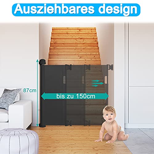 UISEBRT Retráctil Puertas de Seguridad para niños 0 -150 cm, Barrera Seguridad Niños Escalera, Puerta Seguridad Bebé Extensibles Barrera para niños y Perros para Uso Interior y Exterior, Negro