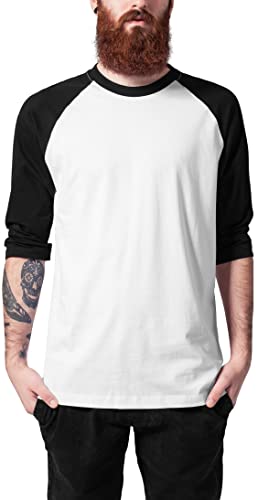 URBAN CLASSICS Camiseta Básica Hombre de Manga a Tres Cuartos, Cuello Redondo, Algodón, Largo Normal, Color: blanco/negro, Talla: S