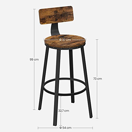 VASAGLE Juego de 2 Taburetes Altos, Silla de Bar con Respaldo, Silla de Cocina, Marco de Acero, Asiento de 73 cm de Alto, Fácil Montaje, Estilo Industrial, Marrón Rústico y Negro LBC026B01V1