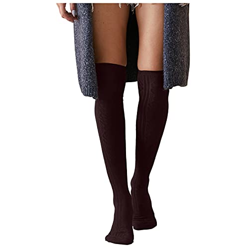 VEMOW Calcetines Termicos para Mujer y Niñas, Navideños Calcetines de Lana Invierno Cálidos Tubo de Alta de Deporte Sobre la Rodilla Calcetines Altos Cálidos de Punto para Botas (G Coffee, one size)