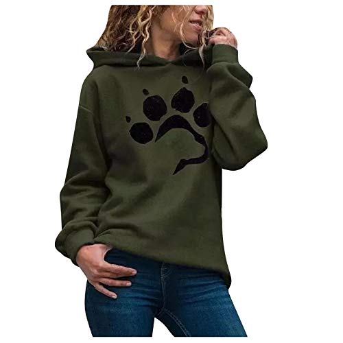 VEMOW Sudadera con Capucha para Mujer Sudadera Mangas largas, 2021 Nuevo Elegantes Moda Estampado de 3D Pata de Gato Color Sólido Suelto con Bolsillos Camisetas Chica Grandes(D Ejercito Verde,S)