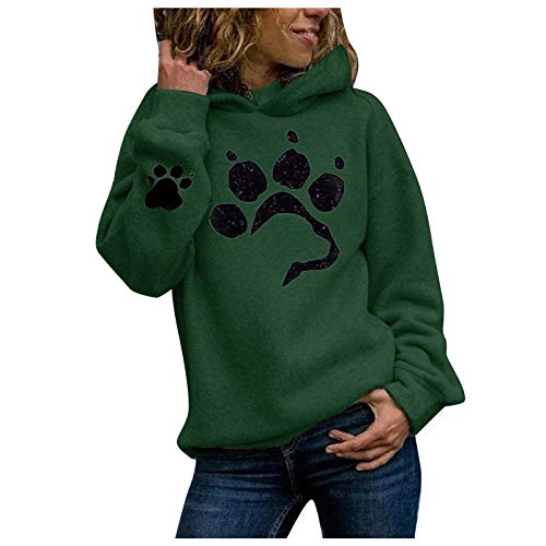 VEMOW Sudadera con Capucha para Mujer Sudadera Mangas largas, 2021 Nuevo Elegantes Moda Estampado de 3D Pata de Gato Color Sólido Suelto con Bolsillos Camisetas Chica Grandes(E Verde,M)