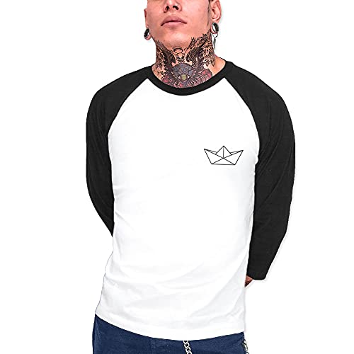 VIENTO Paper Ship Camiseta con Manga 3/4 para Hombre (Blanco, Large)