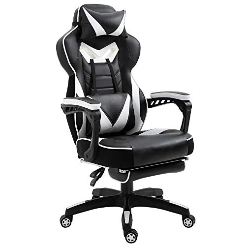 Vinsetto Silla Racing Silla Ergonómica de Escritorio para Oficina Regulable en Altura Reclinable Respaldo con Reposapiés Reposacabezas Cojín Lumbar Ruedas 65x70x118,5-128,5 cm Blanco