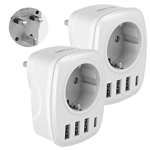 VINTAR Adaptador de Viaje de España a Reino Unido (2 Paquetes) con 3 Puertos USB y 1 Puerto USB-C, Adaptador de Viaje para Reino Unido, Malasia, Irlanda, etc., Tipo G Blanco